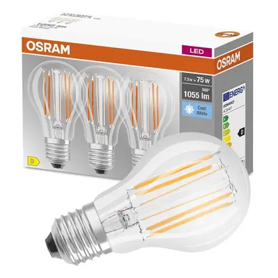 3PAK LED žárovka LED E27 A60 CL 7,5W = 75W 1055lm 4000K Neutrální 300° Filament OSRAM BASE