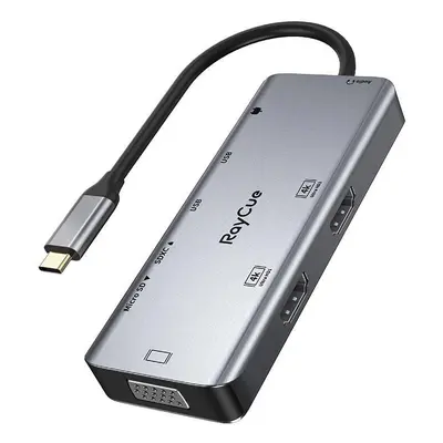 Rozbočovač 9v1 RayCue USB-C na 2x USB-A 3.0 5Gb/s + 2x SD/TF 3.0 + 2x HDMI 4K30Hz + VGA 1080p + 