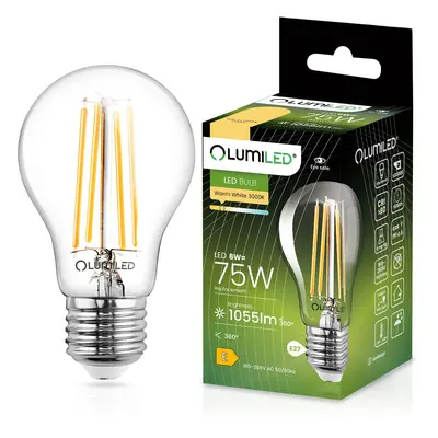 LED žárovka E27 A60 8W = 75W 1055lm 3000K Teplá 360° Filament LUMILED