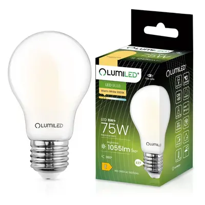 LED žárovka E27 A60 8W = 75W 1055lm 3000K Teplá 360° Filament Mléčná LUMILED