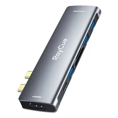 Rozbočovač 7v2 RayCue 2x USB-C na Thunderbolt 3 + 3x USB-A 3.0 5Gb/s + SD/TF 3.0 + HDMI 4K60Hz (