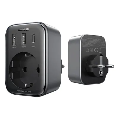 30W síťová nabíječka (2xUSB/USB C/AC) / EU - EU 13A adaptér Ugreen CD314 - černý