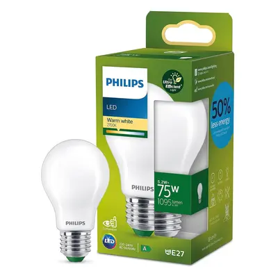 LED žárovka LED E27 A60 210.6lm/W 5.2W = 75W 1095lm 2700K Teplá Filament Mléčná PHILIPS Ultra Ef