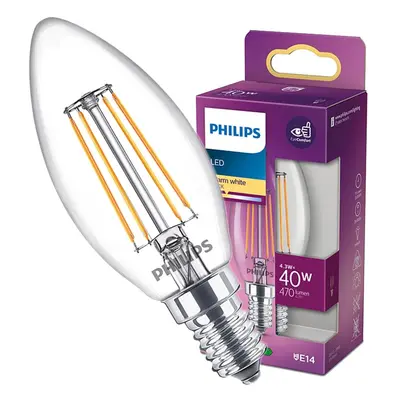 LED žárovka LED E14 B35 4,3W = 40W 470lm 2700K Teplá Filament PHILIPS