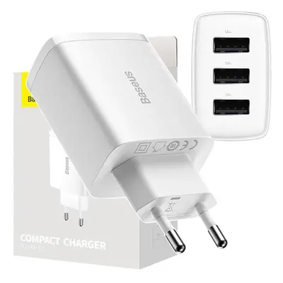 Kompaktní rychlonabíječka Baseus, 3x USB, 17 W (bílá)