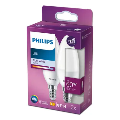 Sada 2x LED žárovka LED svíčka E14 B38 7W = 60W 806lm 4000K Neutrální PHILIPS