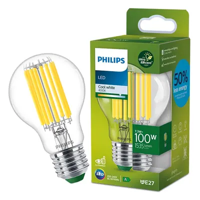 LED žárovka LED E27 A60 210.3lm/W 7.3W = 100W 1535lm 4000K Neutrální Filament PHILIPS Ultra Effi