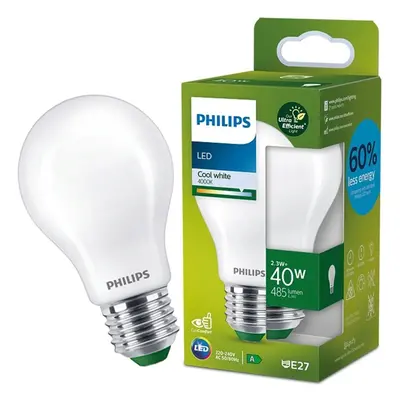 LED žárovka LED E27 A60 2.3W = 40W 485lm 4000K Neutrální Filament PHILIPS Ultra Efficient