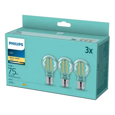 3PAK LED žárovka LED E27 A60 8.5W = 75W 1055lm 2700K Teplá Filament PHILIPS