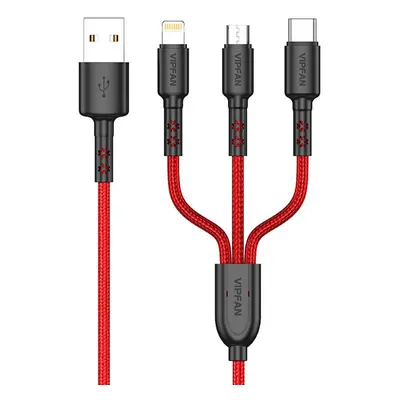 USB kabel Vipfan X02 3v1 USB-C / Lightning / Micro 3,5A 1,5 m (červený)