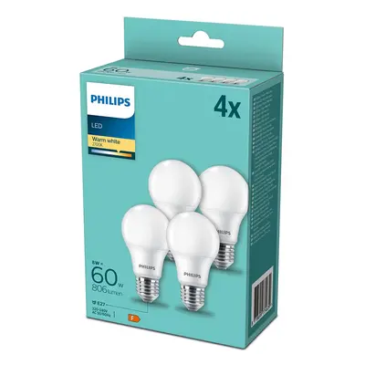 4PAK LED žárovka LED E27 A60 8W = 60W 806lm 2700K Teplá PHILIPS