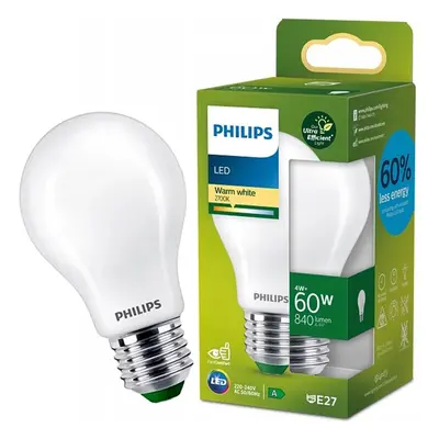 LED žárovka LED E27 A60 210lm/W 4W = 60W 840lm 2700K Teplá Filament Mléčná PHILIPS Ultra Efficie