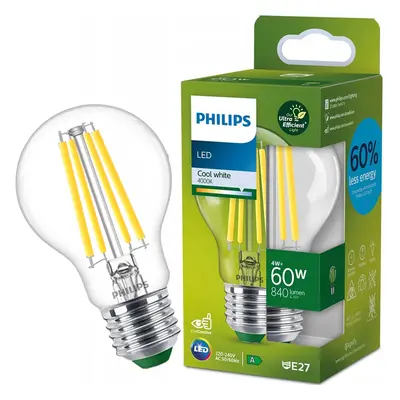 LED žárovka LED E27 A60 210lm/W 4W = 60W 840lm 4000K Neutrální Filament PHILIPS Ultra Efficient