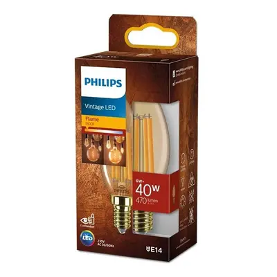 LED žárovka svíčka E14 B35 6W = 40W 470lm 1800K Teplá Filament Jantar PHILIPS