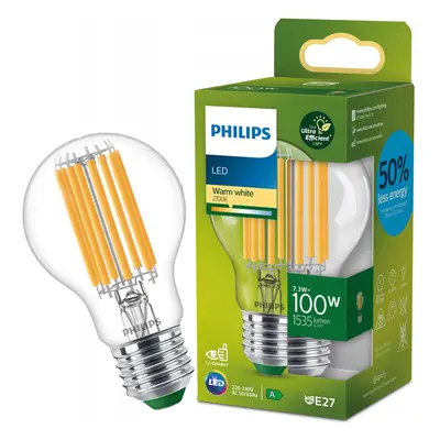 LED žárovka LED E27 A60 210.3lm/W 7.3W = 100W 1535lm 2700K Teplá Filament PHILIPS Ultra Efficien