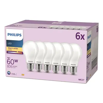 Sada 6x LED žárovka LED E27 A60 7W = 60W 806lm 2700K Teplá Filament Mléčná PHILIPS