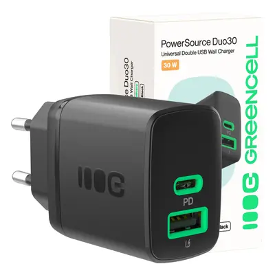 Greencell PowerSource Duo30 nabíječka USB/USB-C Černá Výkon Adapter 30W Power-Delivery