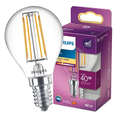 LED žárovka LED E14 P45 4,3W = 40W 470lm 2700K Teplá Filament PHILIPS