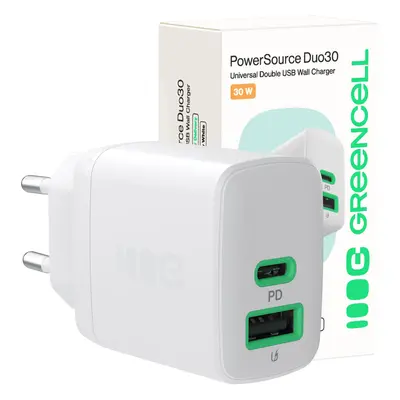 Greencell PowerSource Duo30 nabíječka USB/USB-C bílé Výkon Adapter 30W Power-Delivery