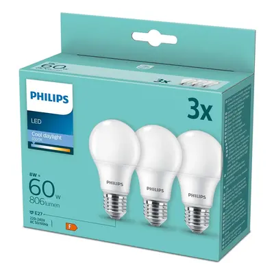 3PAK LED žárovka LED E27 A60 8W = 60W 806lm 6500K Studená PHILIPS