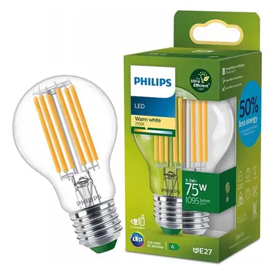 LED žárovka E27 A60 5.2W = 75W 1095lm 2700K Teplá Filament PHILIPS Ultra Efficient