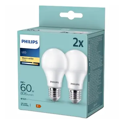 2PAK LED žárovka LED E27 A60 8W = 60W 806lm 2700K Teplá PHILIPS