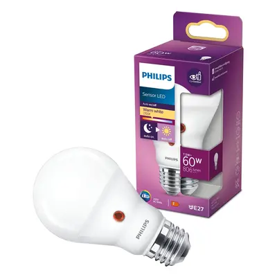 LED žárovka E27 A60 7.5W = 60W 806lm 2700K Teplá 250° s čidlem soumraku PHILIPS