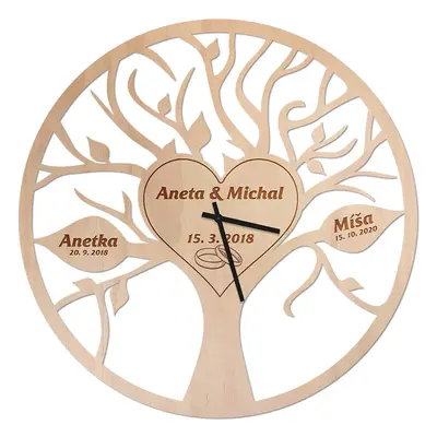 Dřevěné nástěnné hodiny - Rodinný strom života Velikost hodin: průměr 30cm