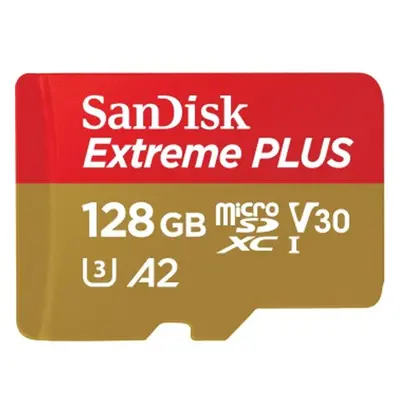 SanDisk Extreme PLUS microSDXC 128 GB + SD Adapter 200 MB/s and 90 MB/s A2 C10 V30 UHS-I U3