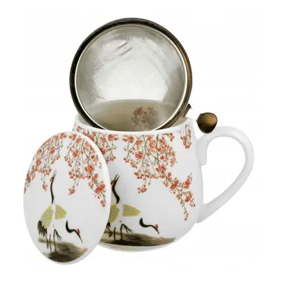 hrnek 430ml baňatý SAKURA+JEŘÁBI+víčko+sítko NR, porcelán, DB