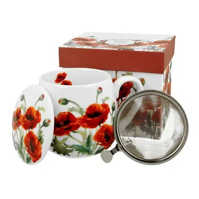 hrnek 430ml baňatý VLČÍ MÁKY+víčko+sítko NR, porcelán, DB