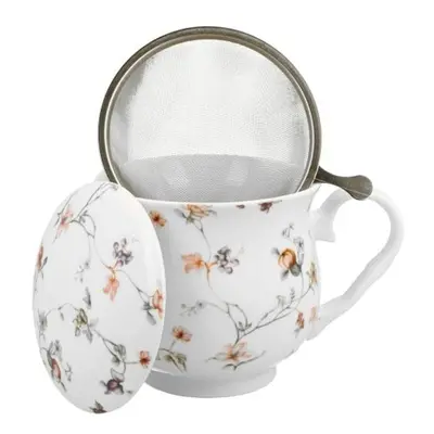 hrnek 430ml baňatý SAFA kytičky+víčko+sítko NR, porcelán, DB