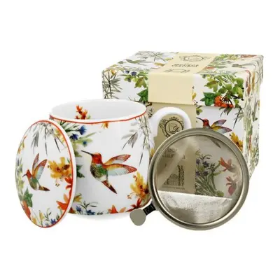 hrnek 430ml baňatý LINNEA kolibřík+víčko+sítko NR, porcelán, DB