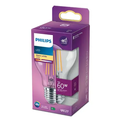 Philips Classic LED žárovka E27, 7 W, 806 lm, 2700 K, čirá