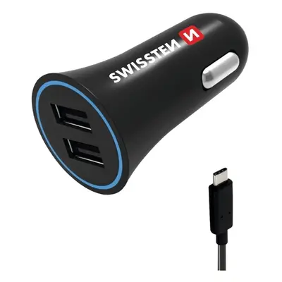 SWISSTEN Nabíječka USB-A 12/24V, 2,4 A, 2x USB-A, kabel USB-C, 1,2 m