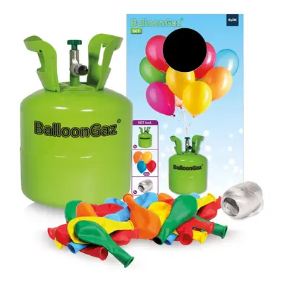 Láhev helia BalloonGaz zelená + stuha + 20 ks balńků