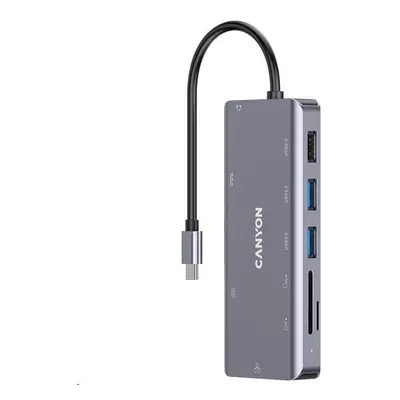 CANYON replikátor portů DS-11 9v1, 1xUSB-C PD 100W, 1xHDMI (4K), 3xUSB-A, RJ45 Gb, 3.5mm jack, S