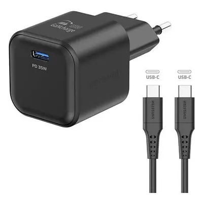 Nabíječka do sítě Swissten síťový adaptér GaN 1x USB-C 35W Power Delivery + datový kabel USB-C/U