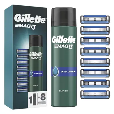 Pánské náhradní hlavice GILLETTE Mach3 8 ks + Gel Na Holení Extra Comfort 200 ml