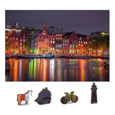 Puzzle Wooden city Dřevěné puzzle Noční Amsterdam 2v1, 75 dílků eko