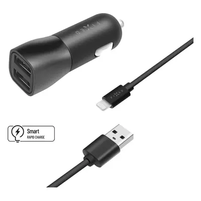 Nabíječka do auta FIXED s 2xUSB výstupem a USB/Lightning kabelu 1 metr MFI certifikace 15W Smart