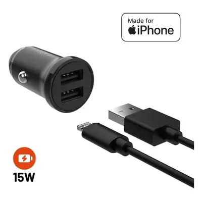 Nabíječka do auta FIXED s 2xUSB výstupem a USB/Lightning kabelem 1 metr MFi certifikace 15W Smar