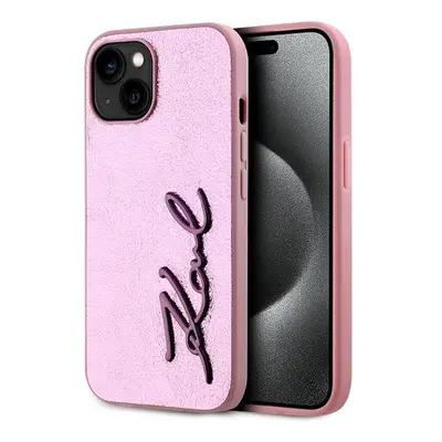 Kryt na mobil Karl Lagerfeld Wrinkled PU Signature Logo Zadní Kryt pro iPhone 15 Pink