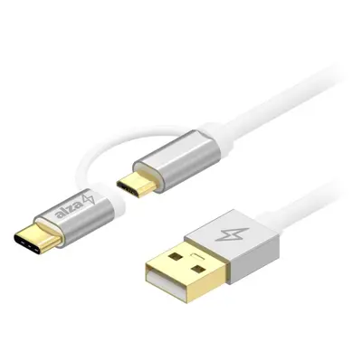 Datový kabel AlzaPower AluCore 2in1 Micro USB + USB-C 2m stříbrný