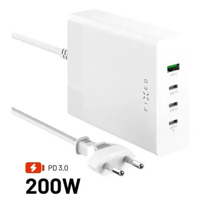 Nabíječka do sítě FIXED Charging Station s 3xUSB-C a USB výstupem podpora PD 3.0 200W bílá