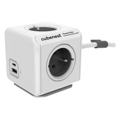 Prodlužovací kabel Cubenest Powercube Extended USB PD 20W, A+C, 4x zásuvka, 3m, bílá/šedá