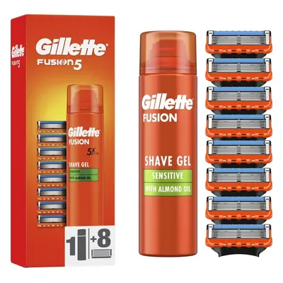 Pánské náhradní hlavice GILLETTE Fusion5 8 ks + Gel Na Holení Sensitive 200 ml