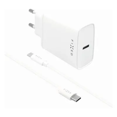 Nabíječka do sítě FIXED Travel s USB-C výstupem a USB-C/USB-C kabelem 1m podpora PD 20W bílý