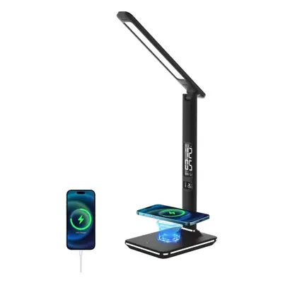 Stolní lampa LED stolní lampička IMMAX KINGFISHER Qi černá s bezdrátovým nabíjením Qi a USB