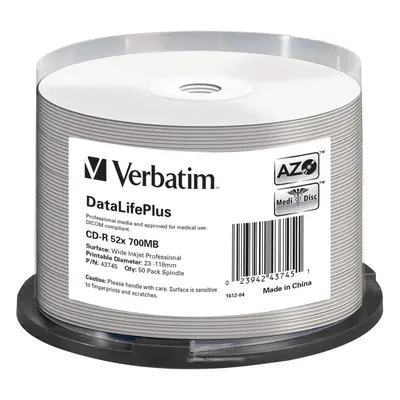 Média VERBATIM CD-R DataLifePlus 700MB, 52x, white printable, spindle 50 ks